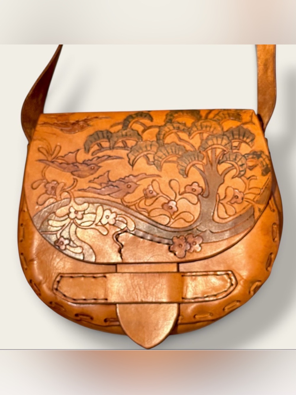 Vintage 1970s Tooled Leather Crossbody Saddle Bag Bird & Tree Boho Purse